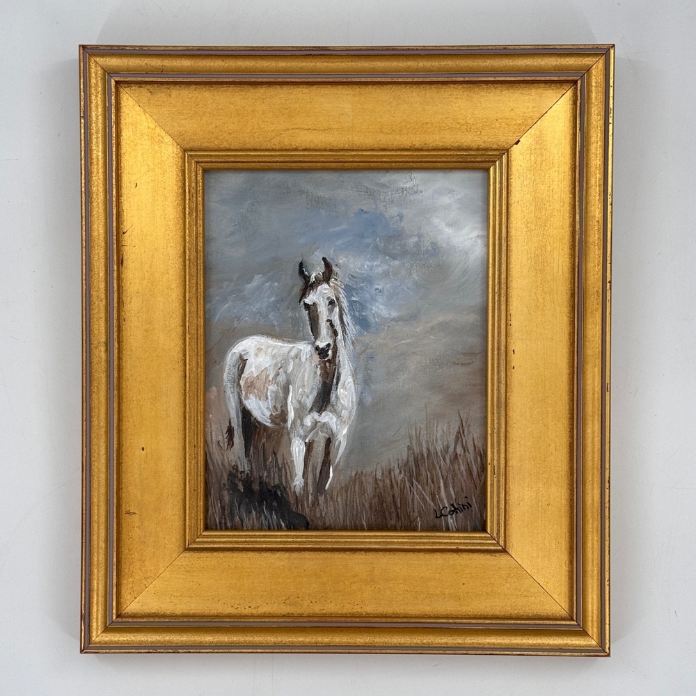 Original Signed Equestrian Horse Painting in Gilt Frame 16x14